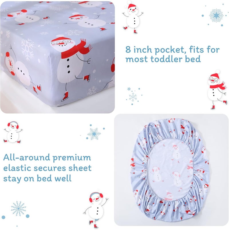 JSD Blue Snowman Toddler Bedding Set, 4 Piece Christmas Winter Toddler Microfiber Comforter Sheet Set, Lightweight Breathable - Image 4